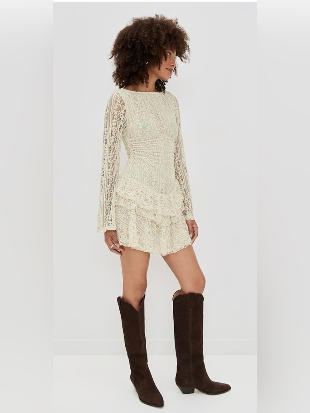 Free People Tabby Dress Ivory Lace Ruffle Mini Long Sleeves Feminine Romantic